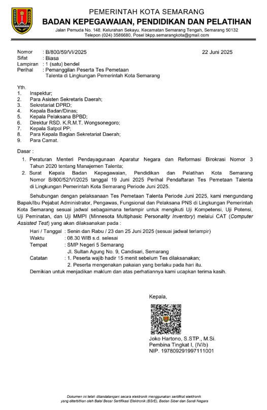 Pemanggilan Peserta Tes Pemetaan Talenta di Lingkungan Pemerintah Kota Semarang
